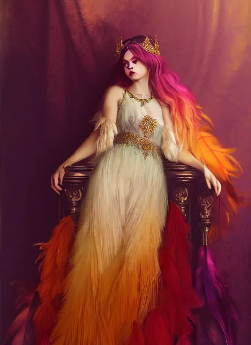 Image similar to ombre velvet gown, feathers, lovely queen, portrait, long hair, tiara, jeweled choker, feral languid woman, by greg rutkowski, anato finnstark, alphonse mucha, global illumination, radiant light