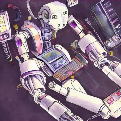 Image similar to watercolour painting of a broken robot repairing its own arm, anime, pencil lines, light watercolour, pale sky, beautiful artwork, anime screenshot, akihabara