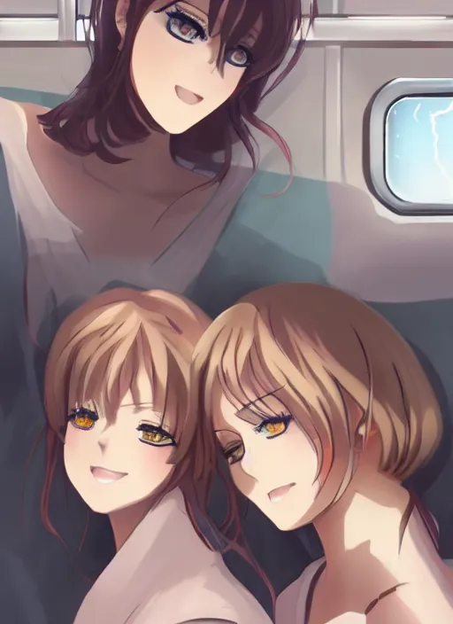 Image similar to two beautiful mothers on the train, lightning glare, summer clothes, gorgeous faces, thick lines, cinematic lighting, detailed anime art