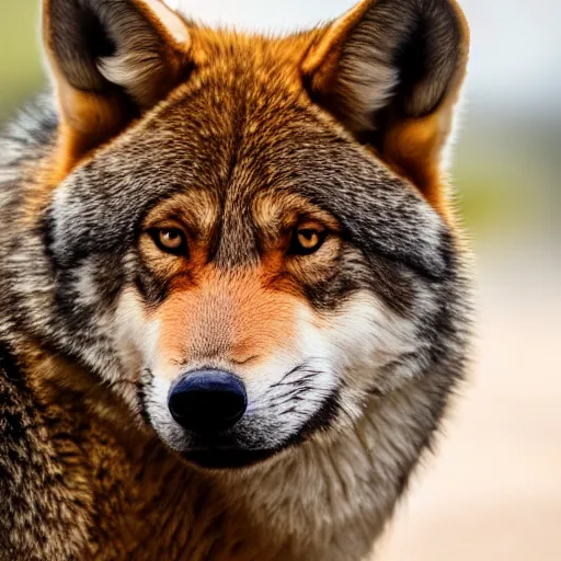 Prompt: professional photograph of a brown and peanut - colored wolf, high quality, hd, 8 k, 4 k, magnificent, award - winning, nature, nature photography, awe - inspiring, highly detailed, amazing