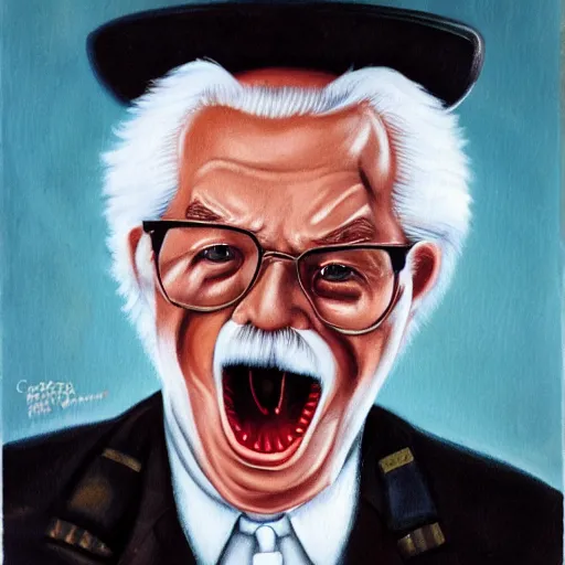 Image similar to deranged and angry colonel sanders, portrait, intense emotion, high detail,