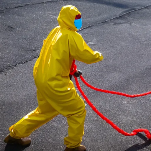 Prompt: guy in yellow hazmat suit choking monster with red rope