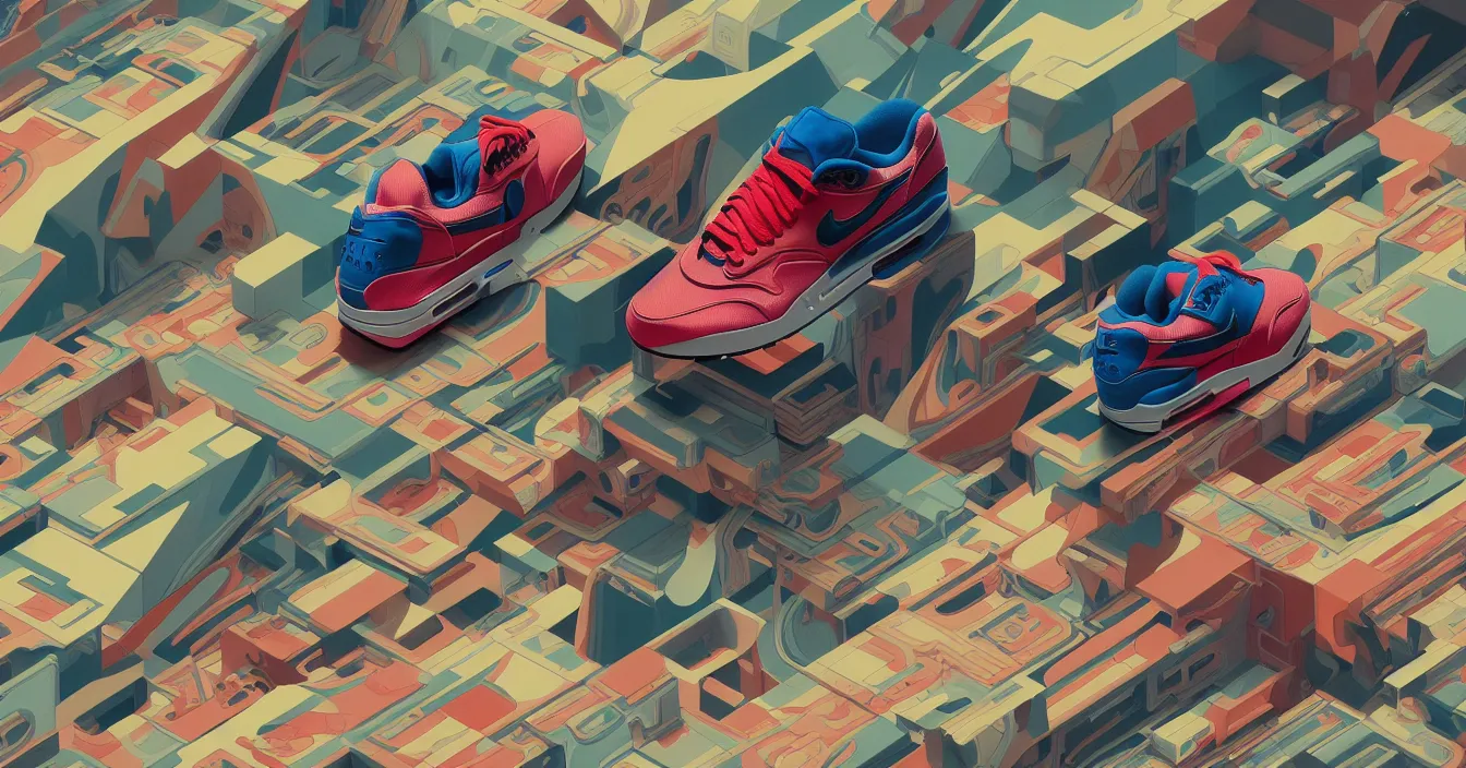 Image similar to excellent painted isometric view of nike air max 1 in foreground, high quality masterpiece painted, patterned background, 4k, trending on artstation, octane render, art by James Jean and artgerm and greg rutkowski and alphonse mucha and craig mullins and James Jean and Andrei Riabovitchev and Marc Simonetti and peter mohrbacher