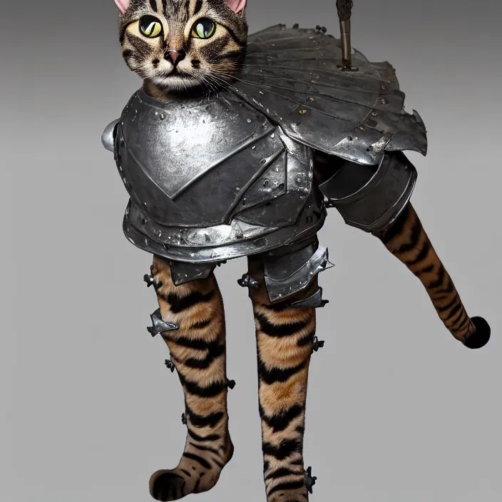 Prompt: full length photo of a cat with mear themed armour, highly detailed, 4 k, hdr, smooth, sharp focus, high resolution, award - winning photo