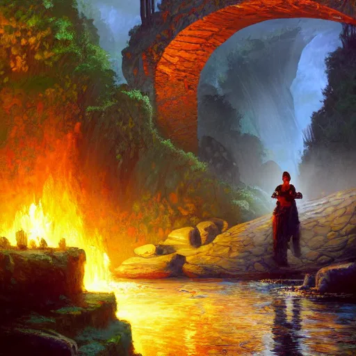 Image similar to acrylic painting, impressionism and expressionism, bold colors, expressive brushstrokes. the ferryman under a stone bridge over the river styx in hades. fantasy art by tyler edlin, cgsociety, burning torches, cliffs