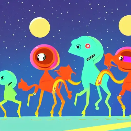 Image similar to anthropomorphic horse aliens partying on mars, style by kurzgesagt