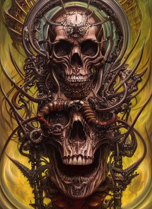 Image similar to hyper detailed masterpiece demon skull evil tattoo warrior by donato giancola and tom bagshaw, face by artgerm and edmund leighton, and h. r. giger, trending on artstation, colorful, psychedelic aesthetic, ornate, background by james jean, 8 k, biomechanical, majestic, volumetric lighting, porcelain skin, concept art, sharp focus
