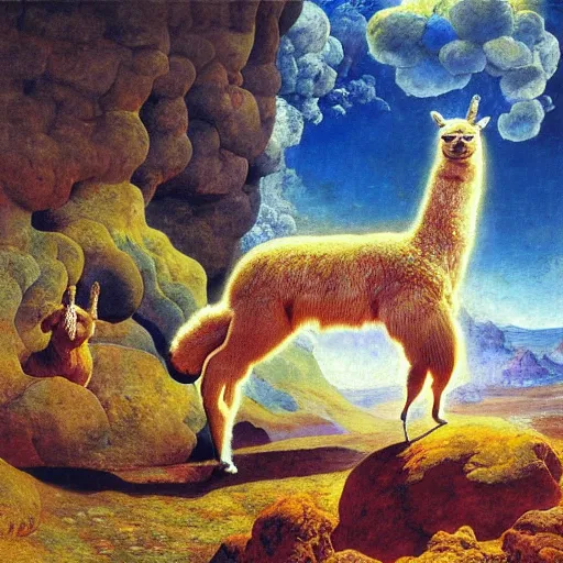 Prompt: Realistic painting of an alpaca with sunglasses flying through a psychedelic dmt world high-detailed oil painting by Ilya Repin, William Blake, Michelangelo da Caravaggio, Alex Grey and Beksinski, masterpiece, 4k