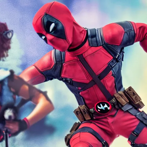 Image similar to cinematic shot of deadpool fighting pinkie pie with a boom mic