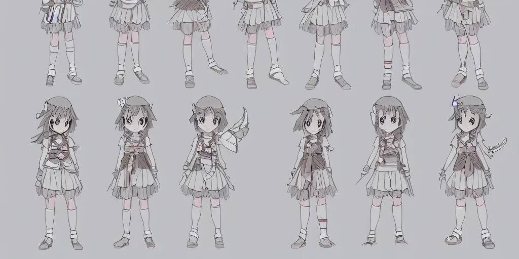 Image similar to a magical adventurer little girl character anime model sheet; in the magical studio ghibli anime; character outfit concepts; trending on artstation, highly detailed, clean lineart