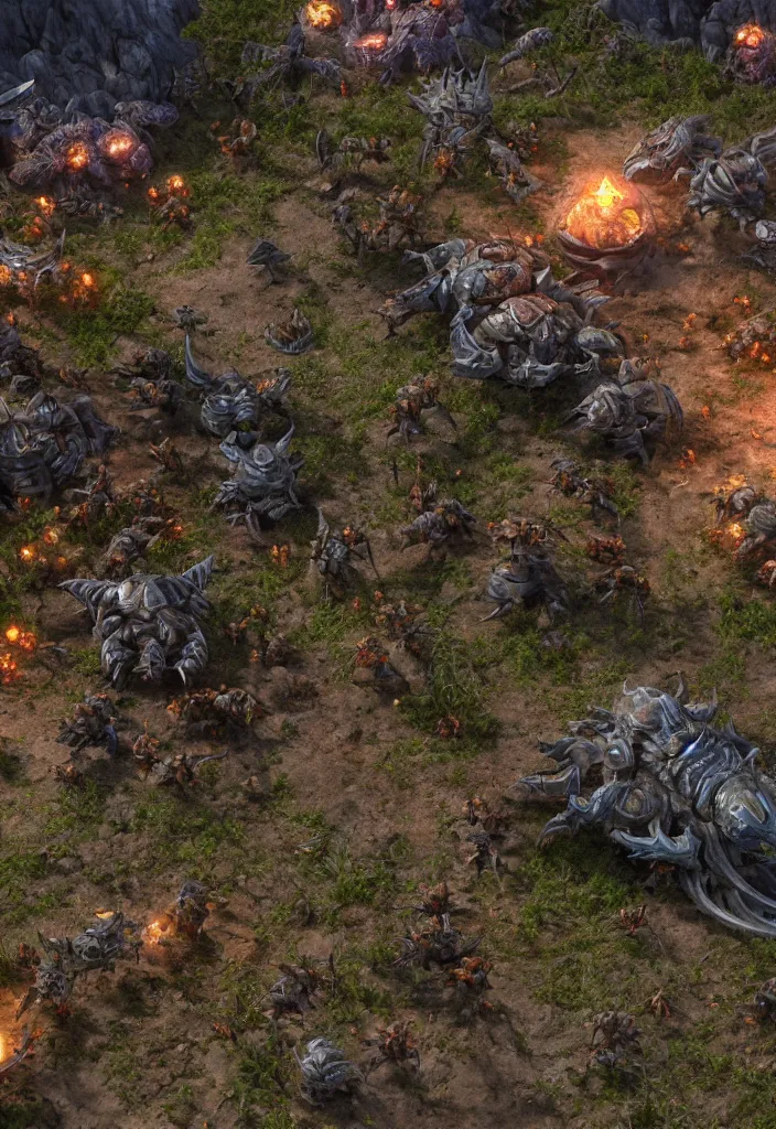 Image similar to zerg base with units zerglings ultralisk roach, realistic, soft natural volumetric lighting, beautifully detailed 4 k octane render, 4 k post processing 8 k