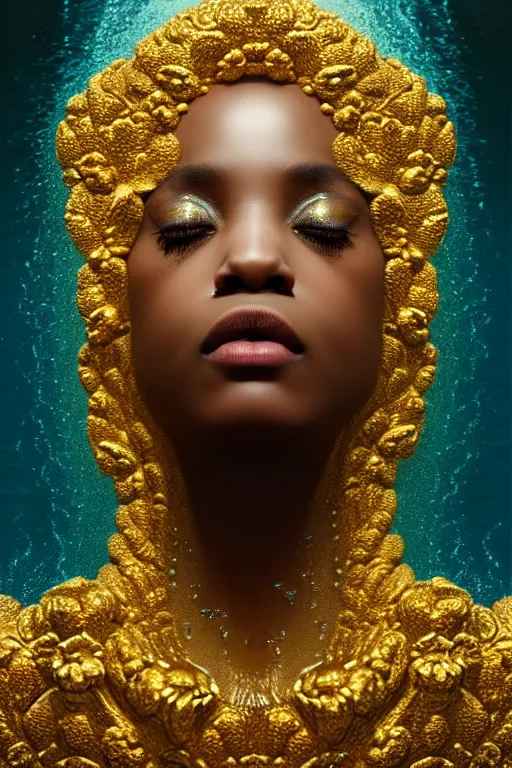 Prompt: hyperrealistic neo - classical cinematic very expressive! black oshun goddess, open eyes, body in water, mirror dripping droplet!, gold elegant flowers, highly detailed face, digital art masterpiece, smooth eric zener cam de leon dramatic pearlescent teal light, ground angle uhd 8 k, sharp focus