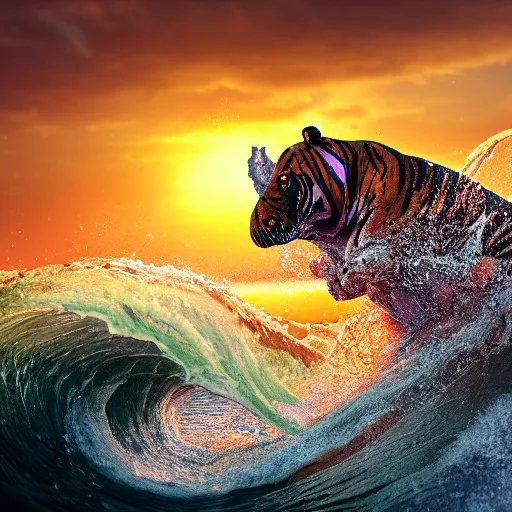 Image similar to a closeup photorealistic photograph of a smiling cute tiger hippopotamus riding a large wave during sunset. surf in the background. professional capture. brightly lit scene. this 4 k hd image is trending on artstation, featured on behance, well - rendered, extra crisp, features intricate detail, epic composition and the style of unreal engine.