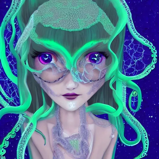 Prompt: Cthlulu!!!!!!!!!!!!!!! Squid-face lovecraftian eldritch profile pic, lace veil, magazine photoshoot, tentacles, glow galaxy background,