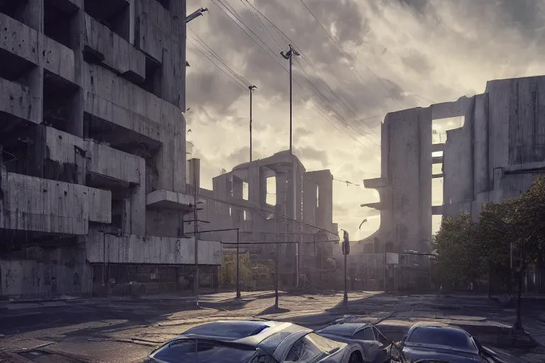 Image similar to streetscape, a towering cathedral of brutalist architecture, buildings covered with greebles, stunning volumetric light, sunset, metal, concrete and translucent material, stunning skies, majestic landscape, trending on Artstation, 8k, photorealistic, hyper detailed, unreal engine 5, IMAX quality, cinematic, epic lighting, in the style of Greg Rutkowski