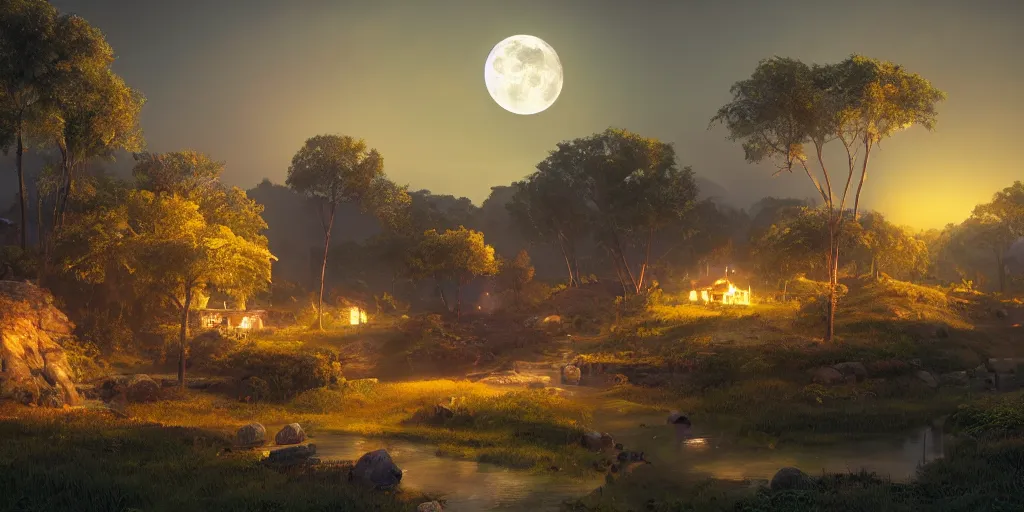 Image similar to dreamy moonlit landscape of a kerala village, realistic detailed digital art by Maxwell Boas Jessica Rossier Christian Dimitrov Anton Fadeev trending on Artstation CGSociety rendered in Unreal Engine 4k HQ