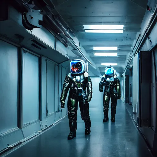 Prompt: a cyberpunk industrial astronaut walking through dark spaceship corridor, 8k, film still, ALEXA 65