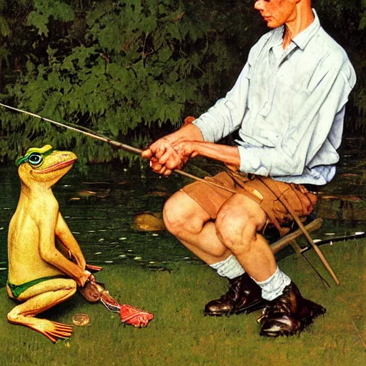 Image similar to pepe the frog fishing by norman rockwell