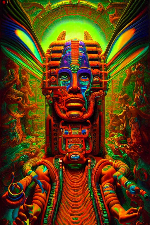 Prompt: cyberpunk mayan god techno psychedelic dmt, cinematic, 3 d models, surrealism, plasticine, colorfull, hyper detail by albert bierstadt, alex grey