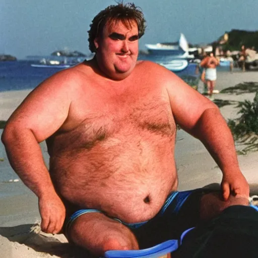 Prompt: john candy is relaxing on the beach, he is rubbing barbeque sauce on his skin. robin williams rubs bbq sauce on hos skin but his arms are too hairy, vacation photo