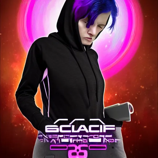 Image similar to poster artwork, sci fi, a female, full body, black hoodie techie, black hair with purple streaks, 8 k