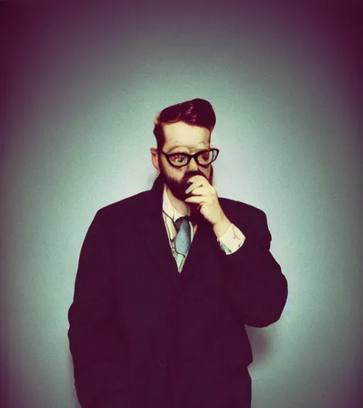 Prompt: color polaroid picture of a hipster man smoking tobacco pipe. smoke rising. diffuse background