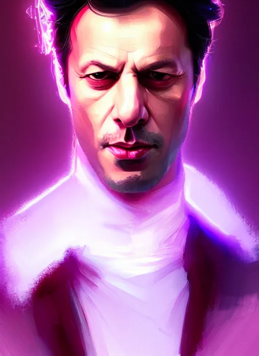 Image similar to portrait of imran khan, purple clothes, white bangs, two color hair, black hair and white bangs, intricate, elegant, glowing lights, highly detailed, digital painting, artstation, concept art, smooth, sharp focus, illustration, art by wlop, mars ravelo and greg rutkowski