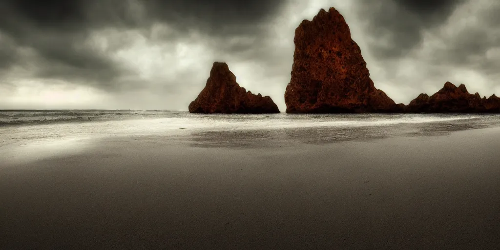 Image similar to Beautiful beach, by Dante Alighieri, by Zdzisław Beksiński, wide angle, dramatic light, ultra realistic, HDR, extremely moody lighting, 8K