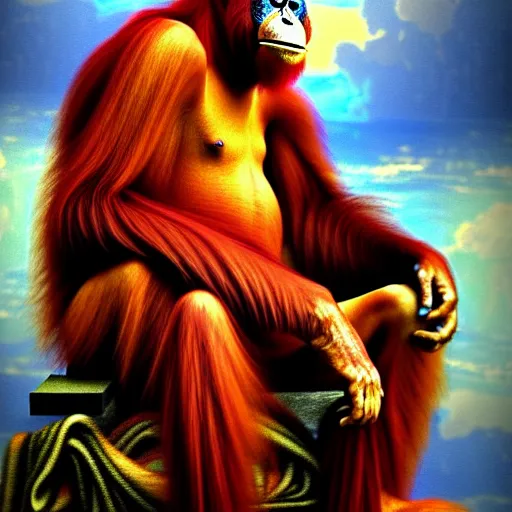 Image similar to a orangutan as the king of a kingdom sitting on his throne, digital art, renaissance painting, fantasy art, ultra detailed, as coherent as Dall-E 2