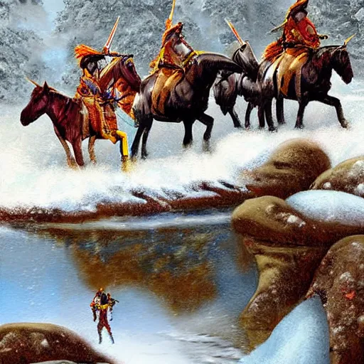Image similar to digital art savage indians on the warpath riding horses through a rocky creek in the snow