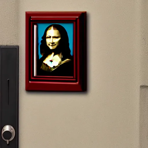 Image similar to ring doorbell video of mona lisa knocking my door, dark lighting