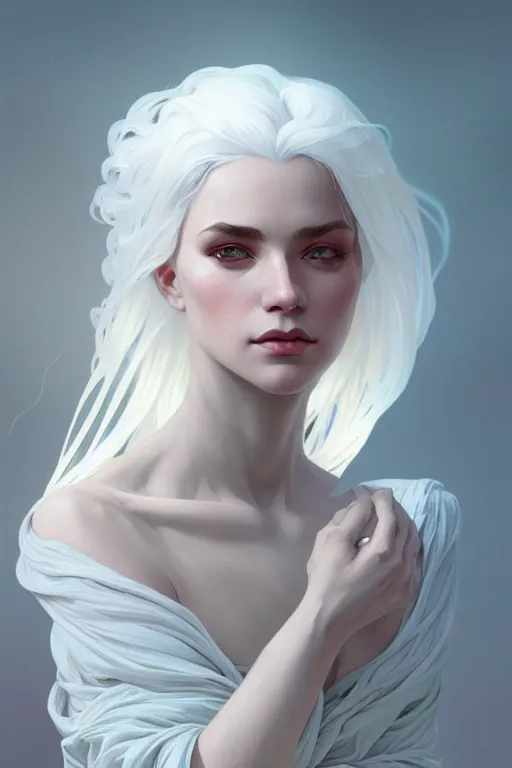 Image similar to a very beautiful white haired woman, fantasy, portrait, sharp focus, intricate, elegant, digital painting, artstation, matte, highly detailed, concept art, illustration, ambient lighting, art by ilya kuvshinov, artgerm, alphonse mucha, and greg rutkowski