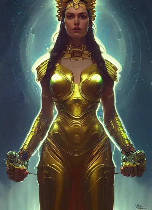 Image similar to the godess hera looking angry, sci - fi armour, tech wear, glowing lights, sci - fi, intricate, elegant, highly detailed, digital painting, artstation, concept art, smooth, sharp focus, illustration, art by artgerm and greg rutkowski and alphonse mucha