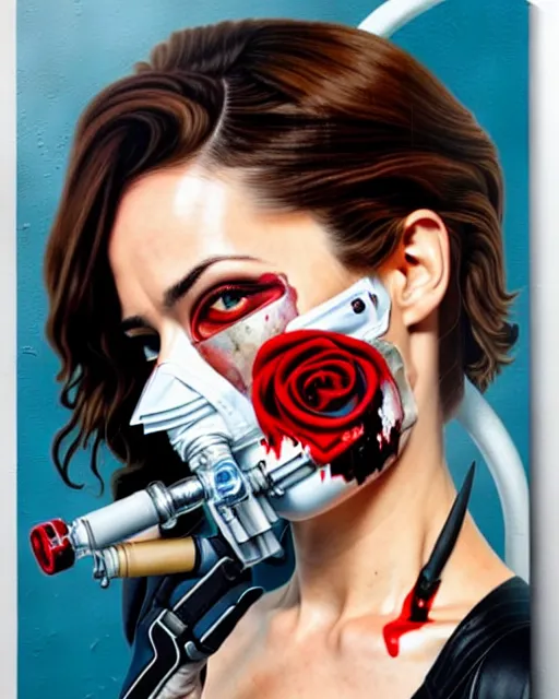 Image similar to portrait of a rogue agent wearing oxygen mask, has blood, rose, a pistol and a syringe needle with sea background intricate details with horror side profile by Sandra Chevrier