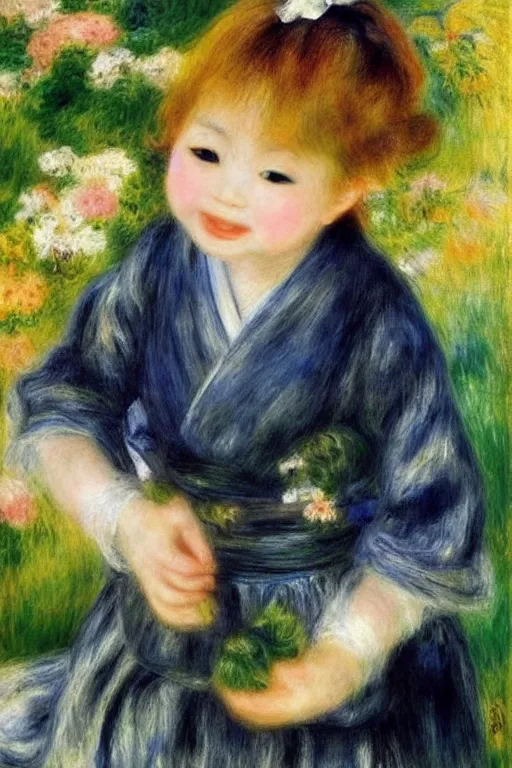 Image similar to a portrait of one Japanese cute baby girl smiling, under the sun, summer, happy, elegant, fantasy, art by Pierre-Auguste Renoir