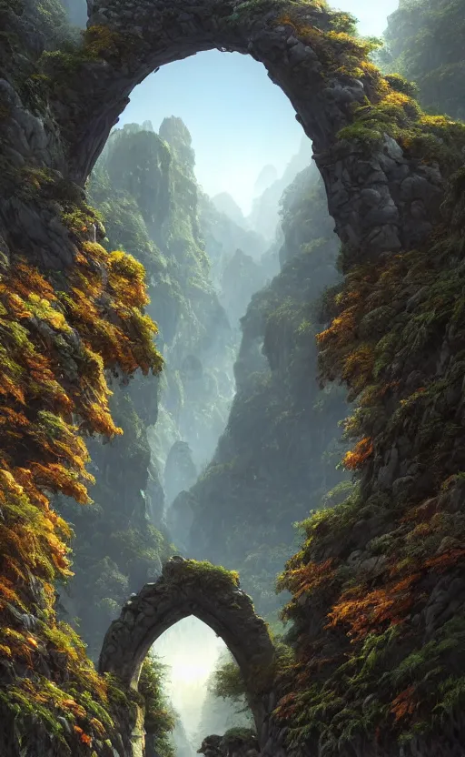 Image similar to a beautiful hyper realistic detailed matte painting of a perfect stone archway over a pathway through a dense colorful forest, dramatic mountains in background, dramatic lighting, dynamic lighting, cinematic lighting, lit by morning light, by raphael lacoste and john howe and andreas rocha, unreal engine, featured on artstation, ultrawide angle, f 8, polarizer filter