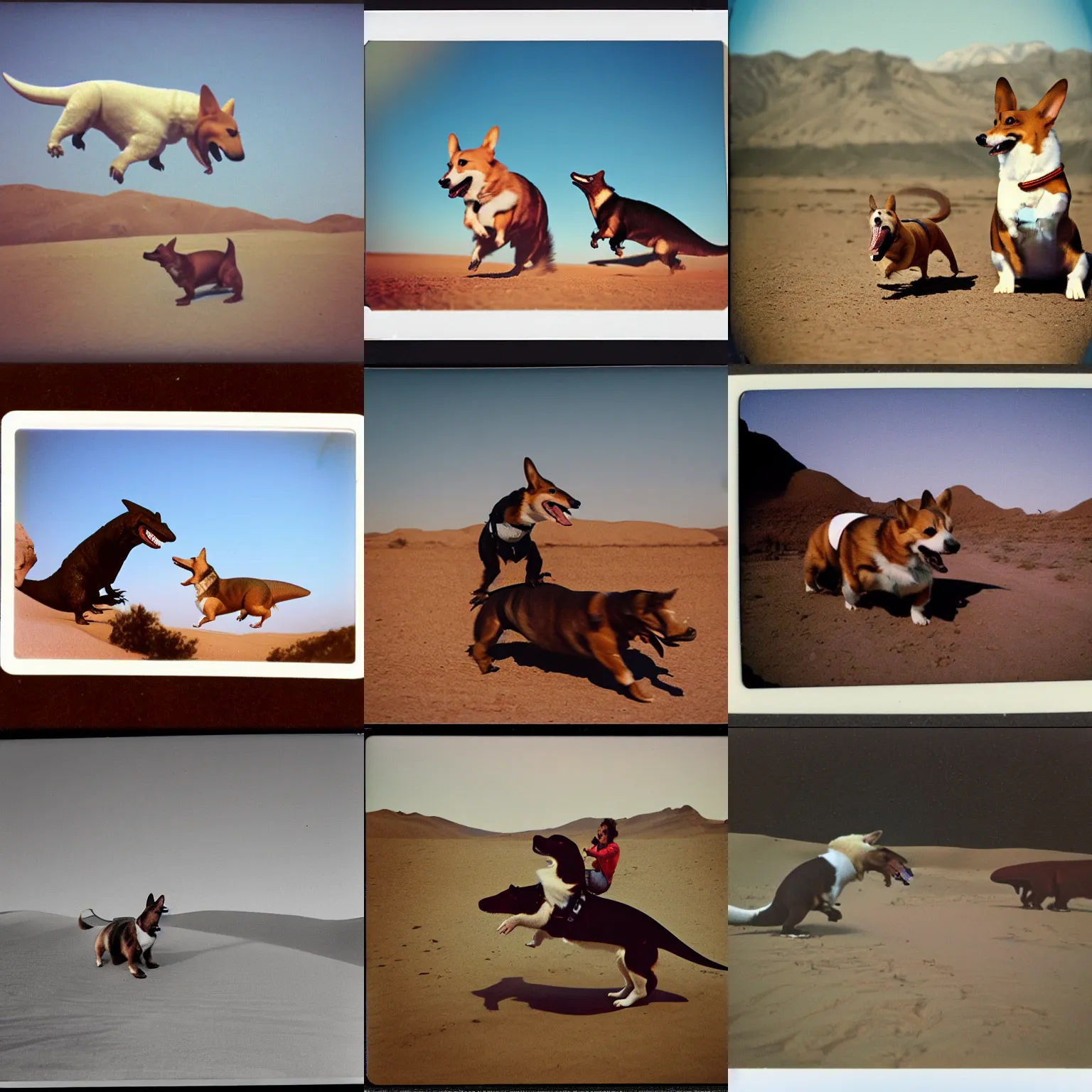 Prompt: long shot of a corgi riding Tyrannosaurus in the desert, polaroid photo