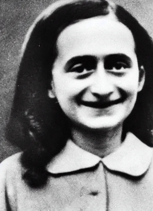 Image similar to a restored photo of Anne Frank posing for the camera in a black SS officer uniform, colourised, high detail, happy picture