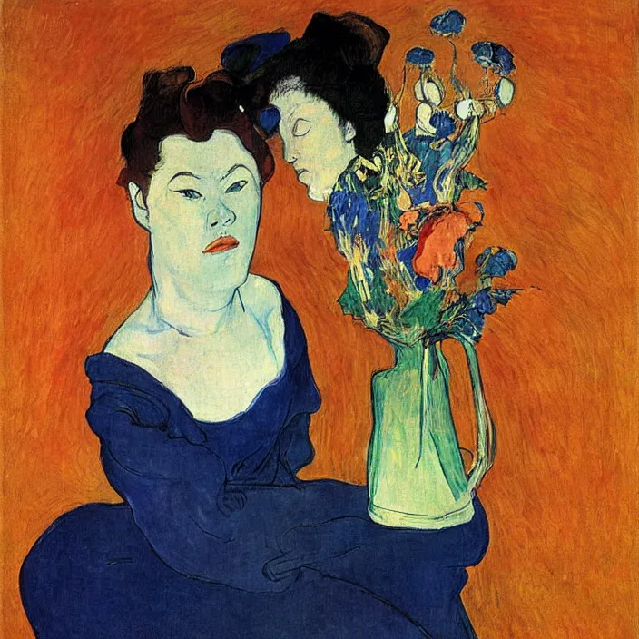 Prompt: woman with painted vase with vase. deep dark indigo blue. henri de toulouse - lautrec, ferdand hodler, egon schiele, gauguin, utamaro