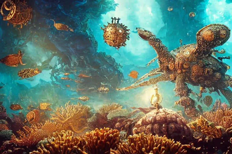 Prompt: beautiful painting of a huge caretta wearing an armour of jewels incrusted with golden beetles in vast ocean coral reef, water bubbles, intricate details, jewel fishes, realistic shaded , steampunk, highly detailed, artstation, illustration by Greg Rutkowski and Ruan Jia , octane render, 4k, dynamic light, volumetric light, neon lights, cinematic mood