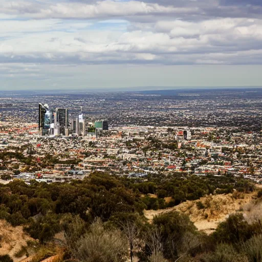 Image similar to Adelaide city viewed from the hills, realistic, photo studio, HDR, 8k, trending on artstation