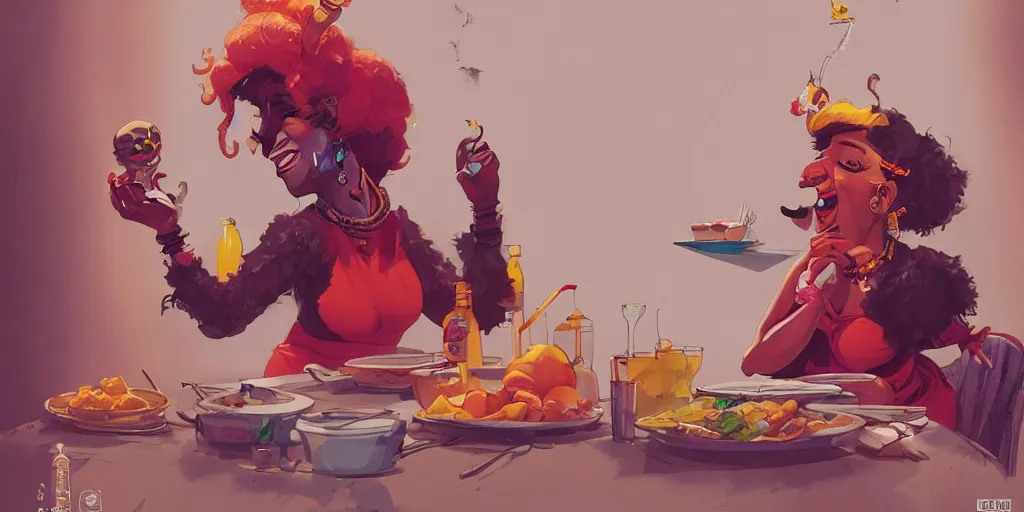 Image similar to cartoonish celia cruz eating dinner, vivid colors, character sheet, fine details, concept design, contrast, kim jung gi, greg rutkowski, enki bilal, trending on artstation, 8 k, full body, turnaround, front view, back view, ultra wide angle