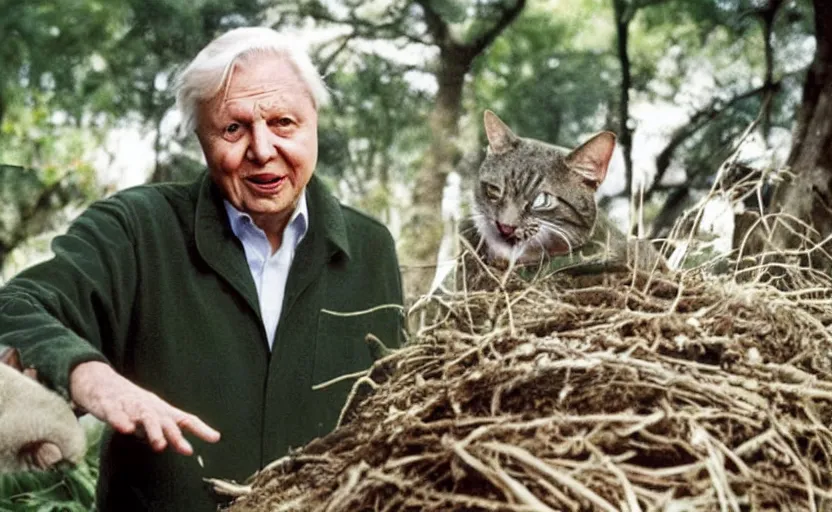 Prompt: david attenborough pointing at a cat guarding it's eggs. big nest. nature photography, strange, photorealistic