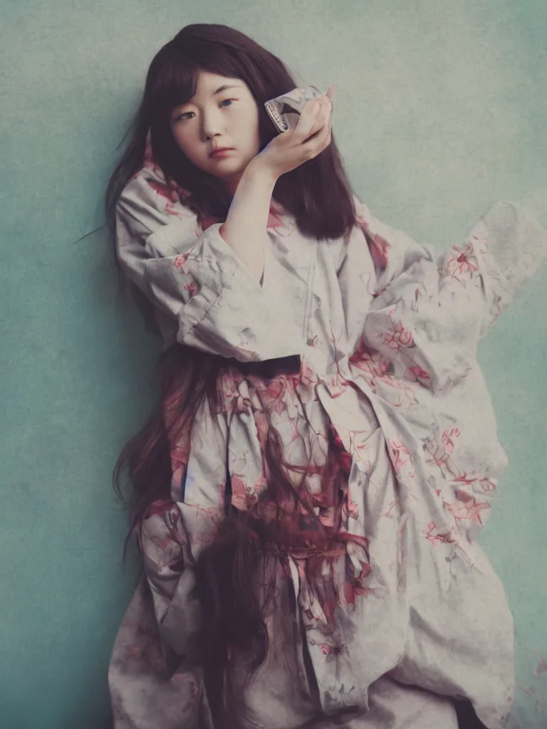 Prompt: color ink print photography depiction of a photo-realistic young woman wearing Japanese school-style clothes. 'her soul is drifting away! ' 16K resolution. vivid light and colors. insane looking vintage photogragh.