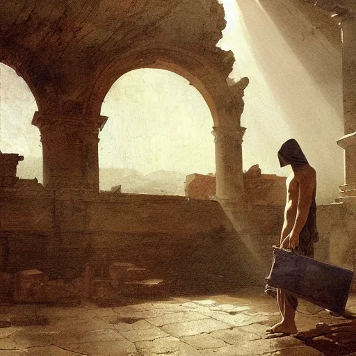 Image similar to half portait of magican wearing a closed cowl and carrying big old book! jeremy mann, jean leon gerome, tiepolo, alphonse mucha, greg rutkowski, face in the shadows, ( ( ruins of ancient rome ) ), at dusk, mysterious atmosphere, sunrays, dof, masterpiece, high detailed, 8 k