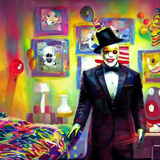 Image similar to portrait of agent 4 7 as a clown, colorful, circus background, cinematic, dramatic light, high detail, inside a messy room, masterpiece, art by jisu choe