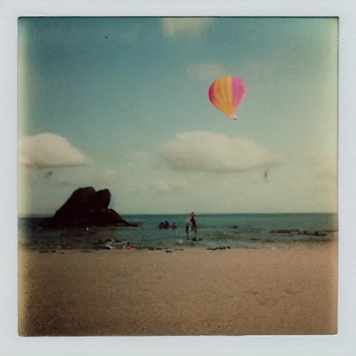 Prompt: a pastel colour Polaroid photo from a holiday album at a seaside abstract inflatable parachute object, all objects made of transparent iridescent Perspex no people, nostalgic