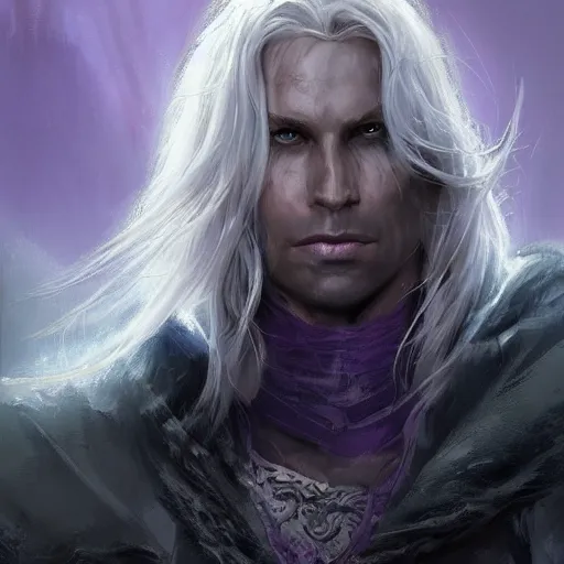 Image similar to closeup portrait drizzt do'urden, drow, black skin, lavender eyecolor, dungeons and dragons character, castle background, gorgeous view, realistic, high detail, digital art, painted by greg rutkowski, painted by jeremy mann, trending on artstation