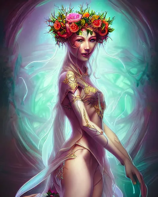 Prompt: digital art, centered full body elven bride, vivid flower crown ,intricate, veins, by James Jean and by artgerm, by ross tran , ultradetailed, charachter design, concept art, trending on artstation,