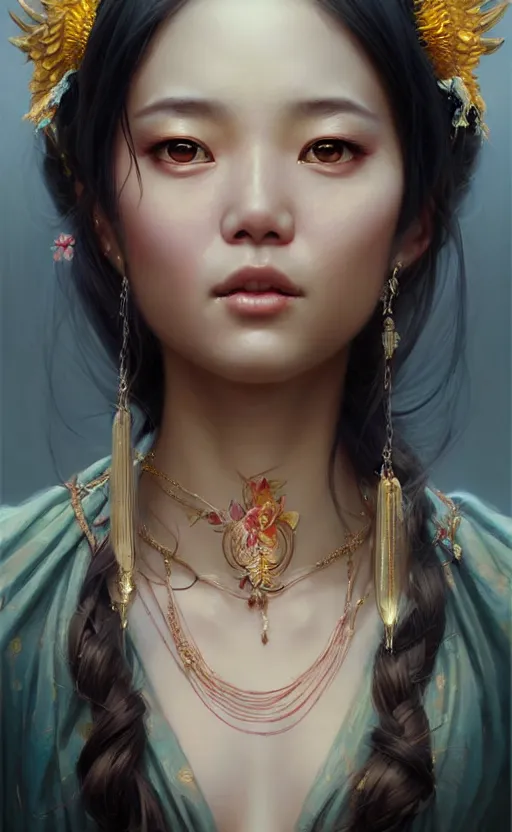 Image similar to a beautiful taiwan goddess with sundress with jewelry | | winter, realistic shaded, unpleasant face, good looking, fine details, realistic shaded lighting poster by greg rutkowski, magali villeneuve, artgerm, jeremy lipkin and michael garmash and macoto takahashi